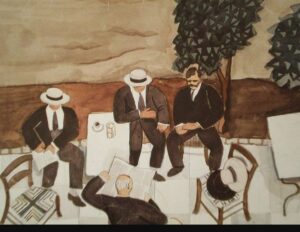 "Four men in a cafe". painter: Yannis Tsarouchis ( painted by chance)/ 1927