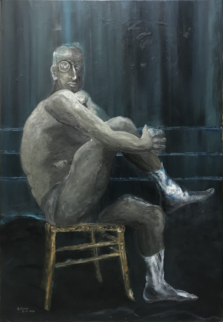 The wrestler with monocle. oil on canvas, painted by Kostas Michos, 125x83cm/ 2020