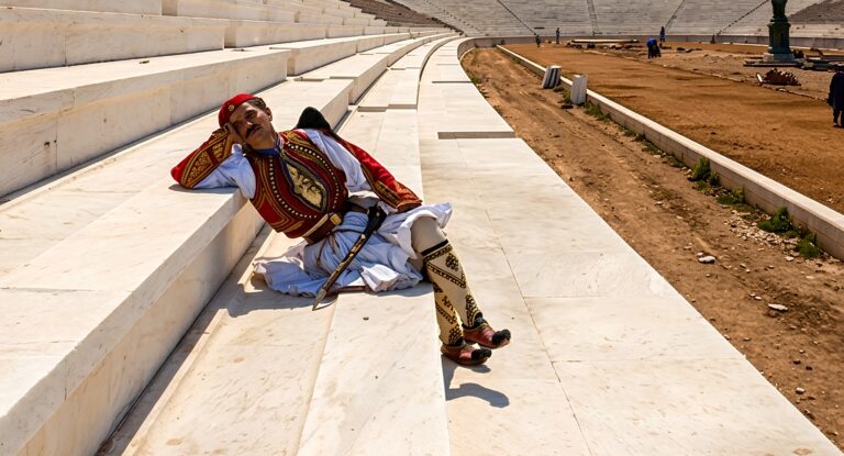 Evzonas at the Kallimarmaro Panathenaic Stadium in Athens.